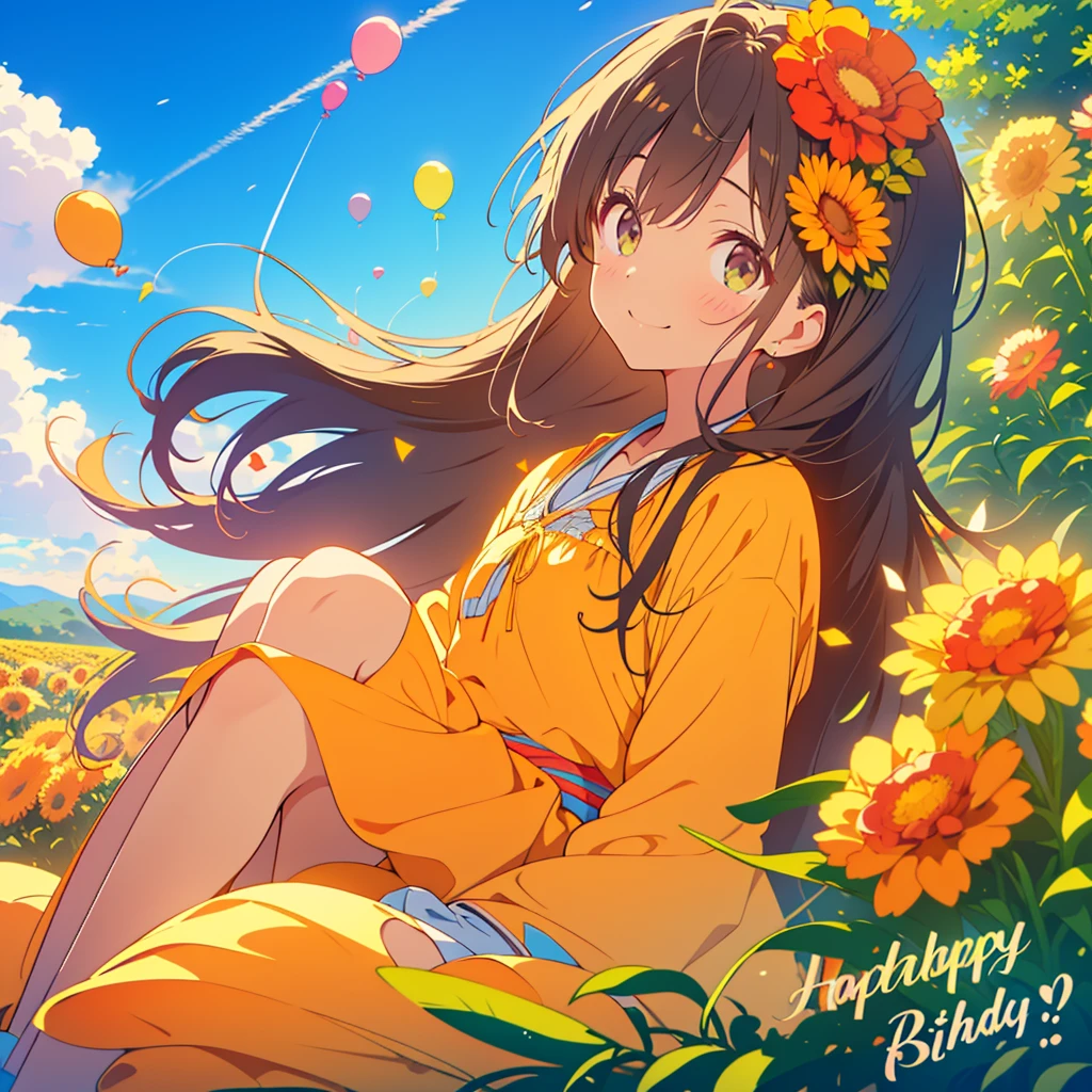 kawaii, anime, Cute, hyper quality, highly detailed, 8k, Clarity, dark brown long hair, smile, green eyes, round marigold, orange round marigold flower field, round marigold flower field, sit on a flowering hill, colorful balloons, balloons are flying in the sky, flower garden, morning dew, Shining light, particles of light, dazzling smile, Draw facial expressions in detail, Draw the eyes in detail, white casual clothes, A breeze flows, celebration, A large number of balloons fly into the sky, look up at the sky, A dynamic posture, balloon, clear blue sky, curled marigold, happy birthday, blue sky, clear sky, rainbow colored balloons, colorful balloons, release a large number of balloons into the sky, upper body, hold one's hand in the sky, marigold with closed flowers, small balloons, closed flowers, petals are closed,