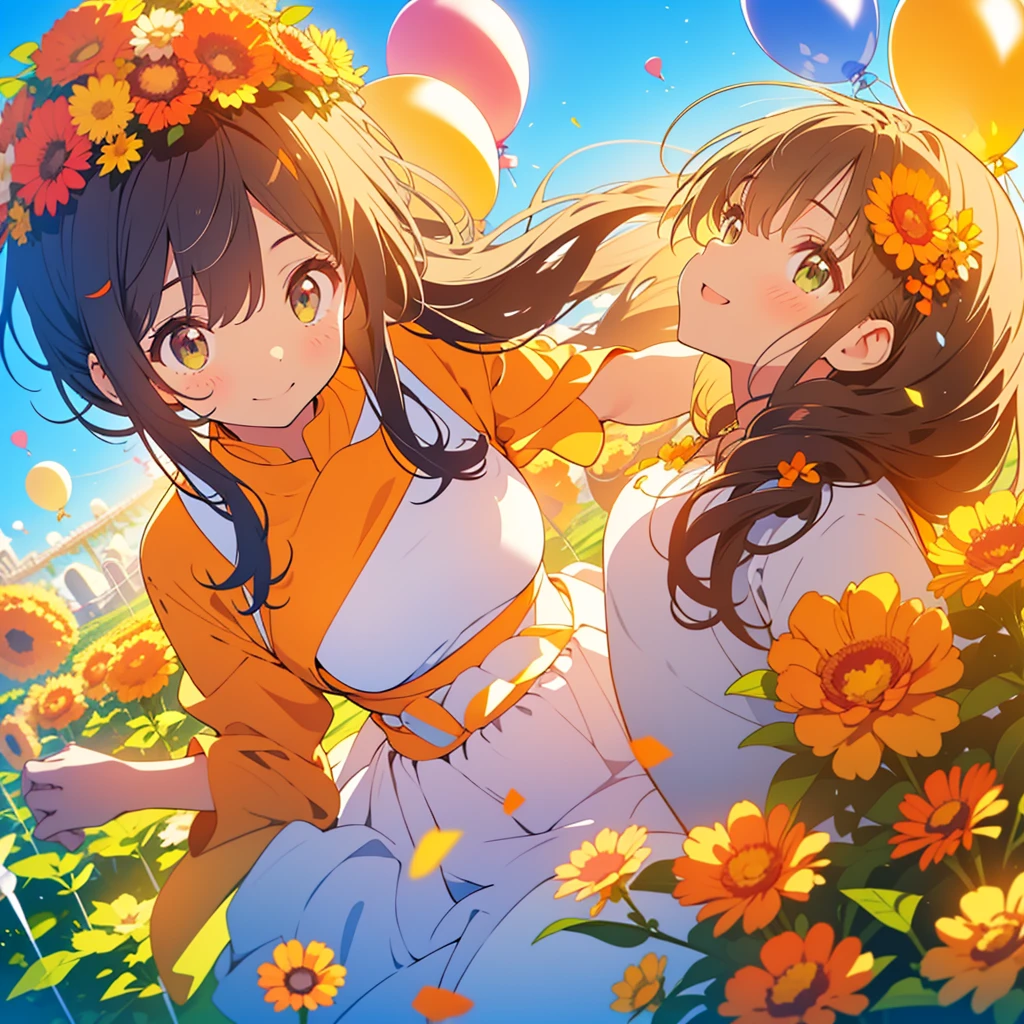 kawaii, anime, Cute, hyper quality, highly detailed, 8k, Clarity, dark brown long hair, smile, green eyes, round marigold, orange round marigold flower field, round marigold flower field, sit on a flowering hill, colorful balloons, balloons are flying in the sky, flower garden, morning dew, Shining light, particles of light, dazzling smile, Draw facial expressions in detail, Draw the eyes in detail, white casual clothes, A breeze flows, celebration, A large number of balloons fly into the sky, look up at the sky, A dynamic posture, balloon, clear blue sky, curled marigold, happy birthday, blue sky, clear sky, rainbow colored balloons, colorful balloons, release a large number of balloons into the sky, upper body, hold one's hand in the sky, marigold with closed flowers, small balloons, closed flowers, petals are closed,