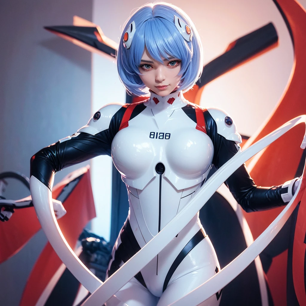 Masterpiece, highest quality, 8K, detailed skin texture, fine cloth texture, beautiful detailed face, intricate details, super detailed, portrait of Rei Ayanami, blue hair, red eyes, looking far away, no background, Evangelion Wearing a plug suit when riding, plug suit, whole body visible, standing, arms crossed, 15 years old, beautiful, cute, great style, smiling,1girl,solo,upper body