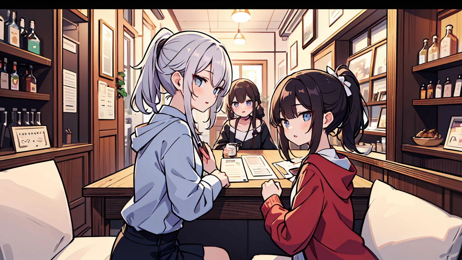 (masterpiece, best quality),Women with different faces and hairstyles, different hair colors, different faces, ponytail, letterboxed, perfection of fashion,chapped lips, casual attire, upper body, from the side,Jazz Cafe, The interior has a modern design,study at the table, eyes look at the note, together, stylish outfit,