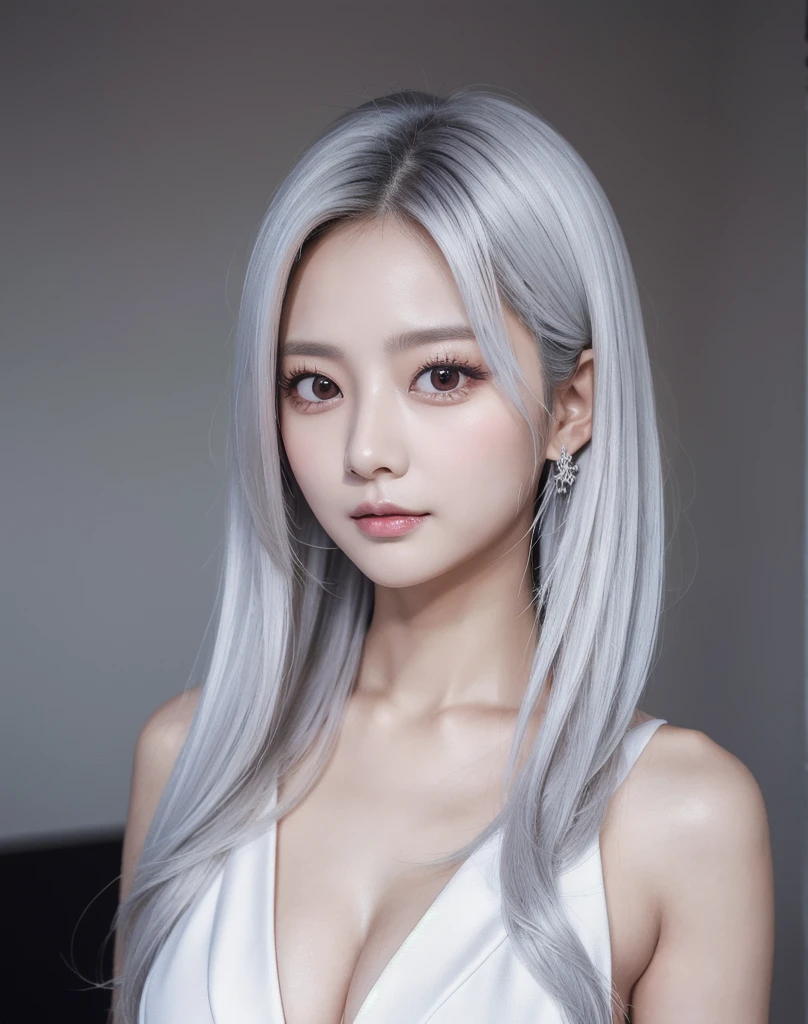 TWICE tzuyu,Korean beauty, silvery white hair, long hair, small face, fair skin, narrow eyes, slanted eyes, slender, big breasts, sex appeal, lustrous, mature