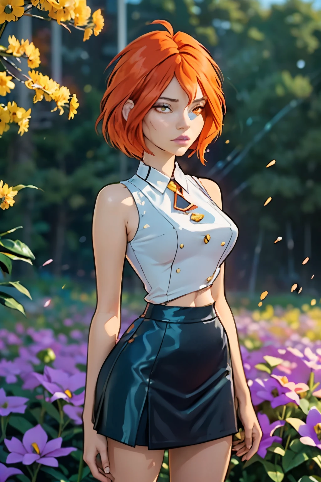 (ultra realistic,32 mil, work of art:1.2),(highly detailed skin:1.1),( high qualiy:1.1),
myrtle ,rolling eyes, red hair, Short hair, settled eyes, booties, Black Skirt, white  shirt, thicc thighs, field of flowers,(fire flowers:1.1), flowers,sunshine light, pollen, pollen particles, nblurry background,, (Huge breasted,large breasted:1.1),(looking ahead at viewer, standing,:1.1),(soft shaded neon light:1.1),