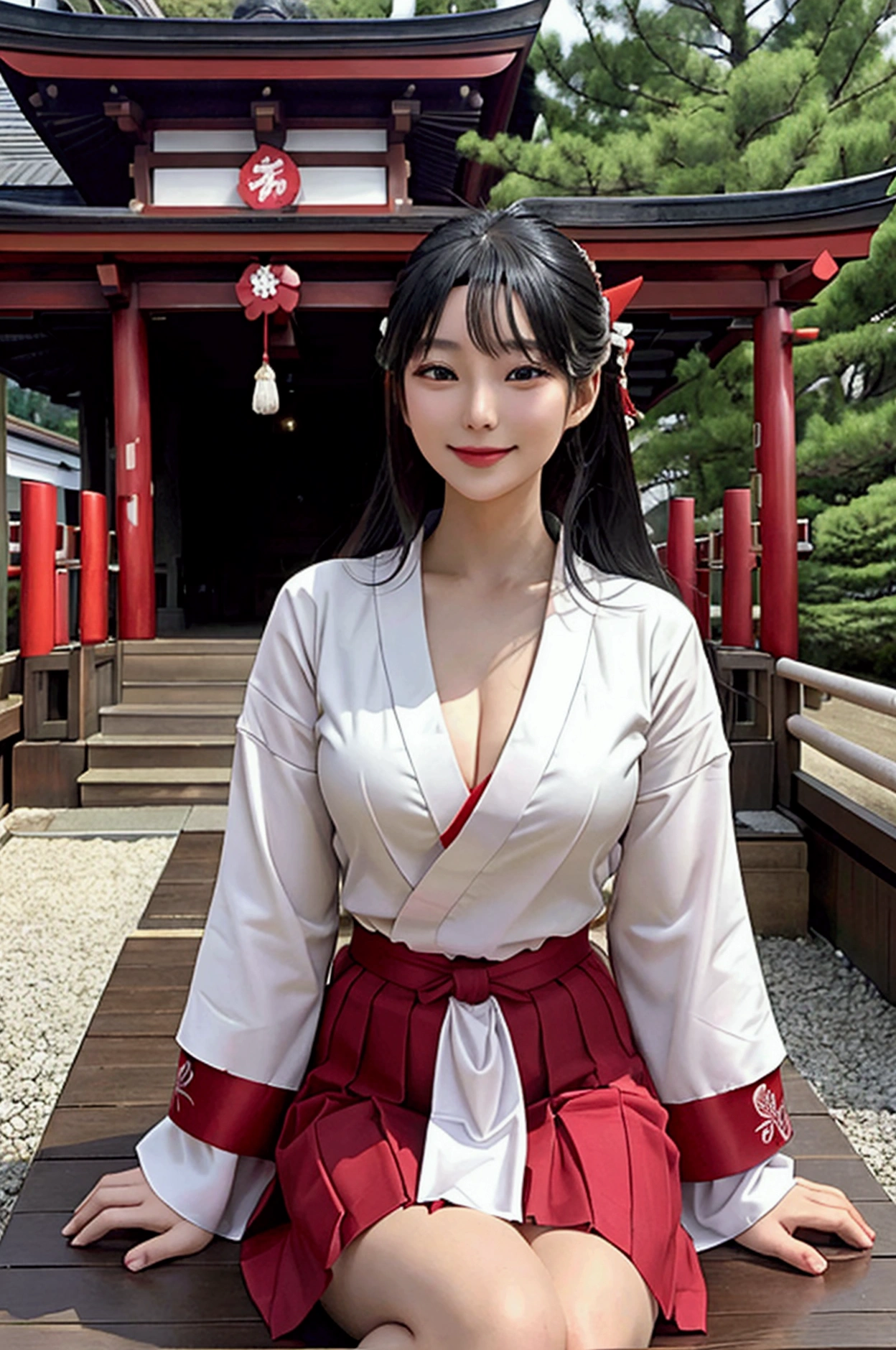 ((Highest quality、Tabletop、8k、Best image quality))、beautiful Shrine maiden、Shrine maiden&#39;White kimono、Shrine maiden千早、Priestess&#39;s Red Skirt、Perfect authentic Shrine maiden costume、Cowboy Shot、Look at me、The best smile、The background is a magnificent and luxurious shrine.、The majestic and luxurious exterior is reminiscent of a real shrine、A luxurious and authentic shrine using Niwa lacquerware