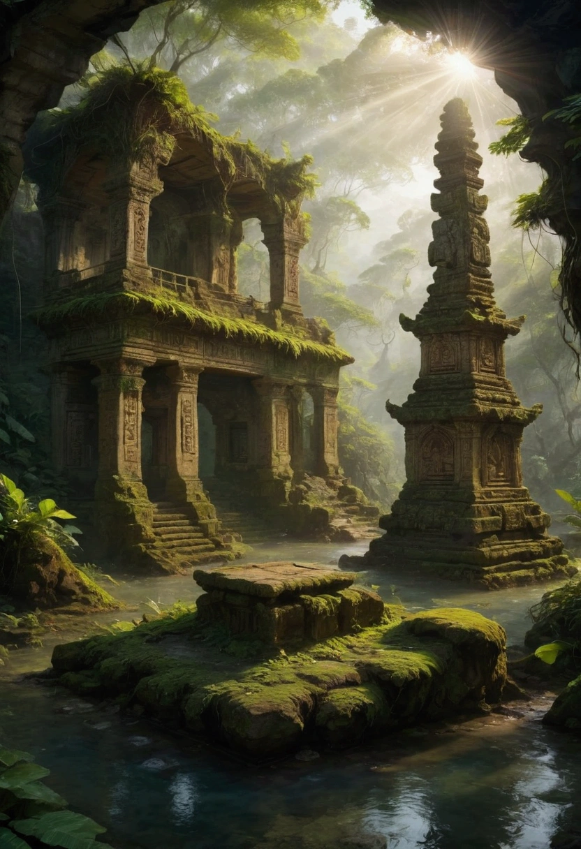 1girl, island, a mysterious island, lush tropical jungle, overgrown vegetation, winding rivers and waterfalls, ancient ruins and crumbling stone temples, sunlight filtering through the canopy, mist and fog obscuring the horizon, mysterious creatures lurking in the shadows, intricate carvings and hieroglyphics, weathered and mossy stone, golden sun rays, dramatic lighting, cinematic composition, vibrant colors, 8k, ultra-detailed, masterpiece, best quality, very aesthetic, absurdres