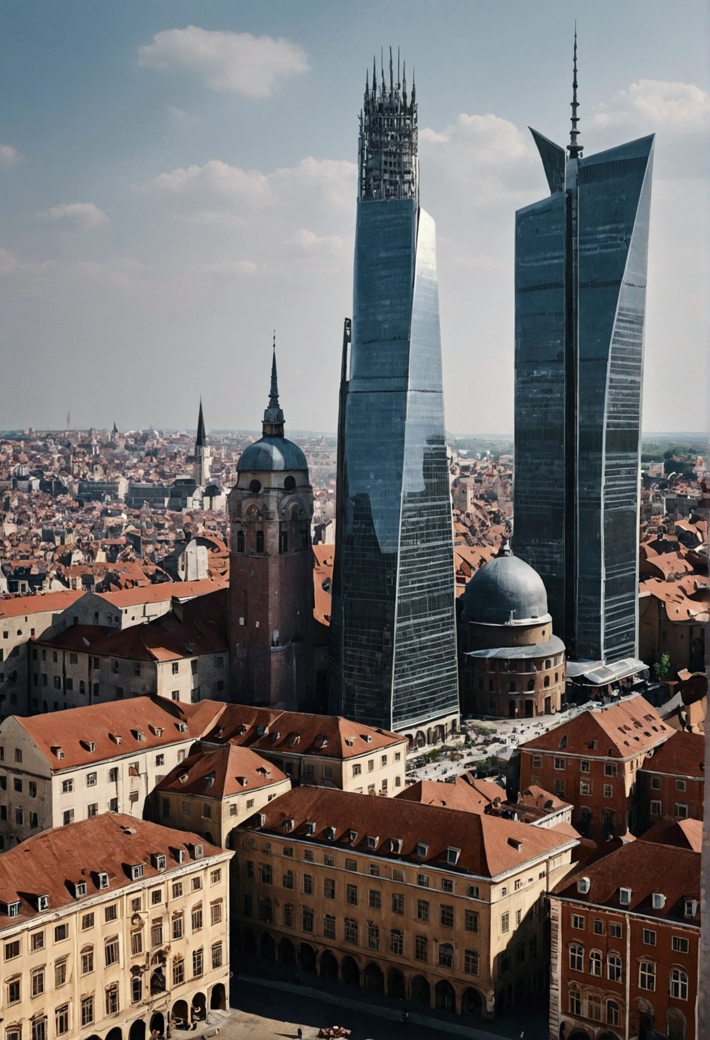 Old City, Huge skyscrapers, european architecture, seen from afar