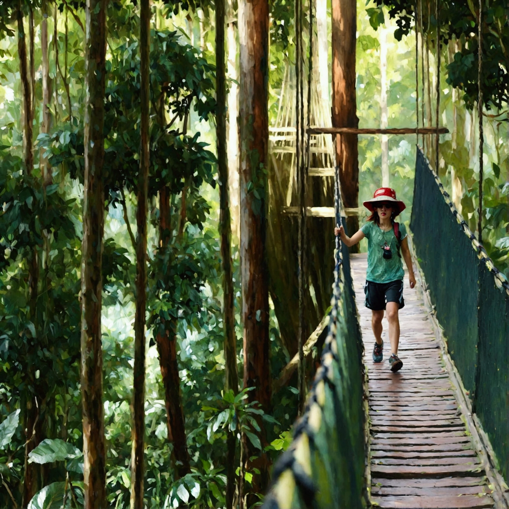 Walking at the canopy walk in Kuala Tahan National Park. The canopy walk is made wood and its have the tradisional hanging bridge design.