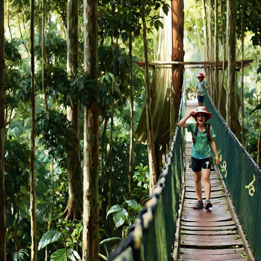 Walking at the canopy walk in Kuala Tahan National Park. The canopy walk is made wood and its have the tradisional hanging bridge design.