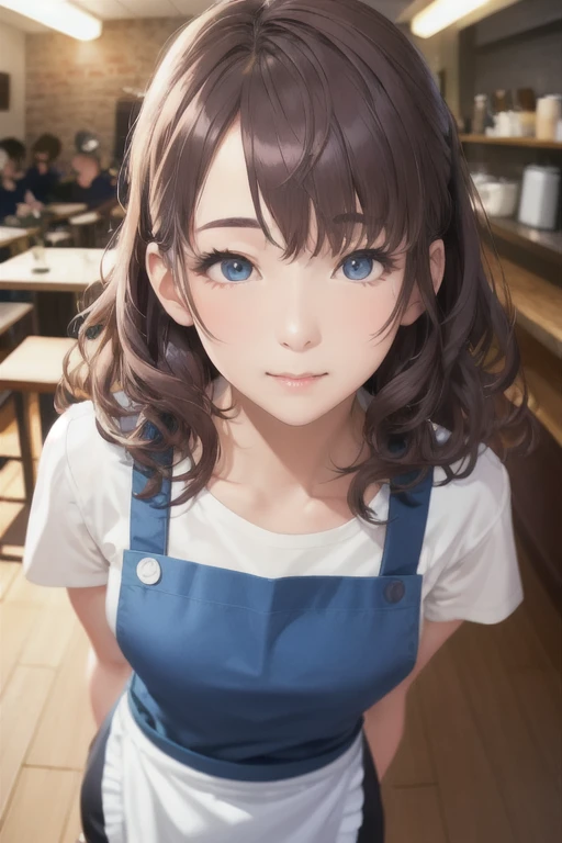 girl,Character design sheet,Beautiful attention to detail,Beautiful lip detail,Very detailed目と顔,Long eyelashes,Realistic,photoRealistic:1.37,Very detailed,Professional,Vibrant colors,Portraiture,Studio Lighting,Sharp focus,Physically Based Rendering,High resolution,超High resolution. blue eyes,Big eyes, Close ~ eyes,Long Hair,Curly hair、Black Hair,Red cheeks,Lower eyes,apron,White Shirt,pants,sneakers,Standing posture,Model shoot,Coffee shop