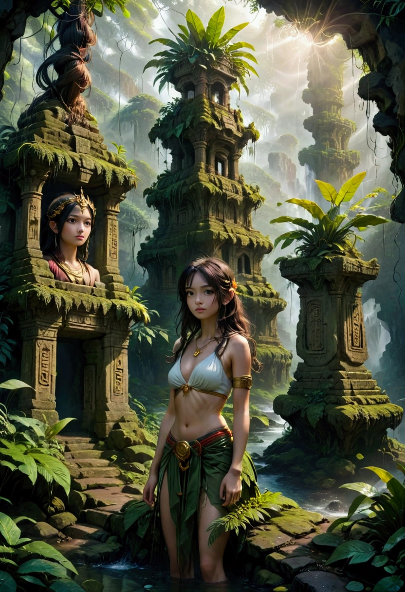 1girl, island, a mysterious island, lush tropical jungle, overgrown vegetation, winding rivers and waterfalls, ancient ruins and crumbling stone temples, sunlight filtering through the canopy, mist and fog obscuring the horizon, mysterious creatures lurking in the shadows, intricate carvings and hieroglyphics, weathered and mossy stone, golden sun rays, dramatic lighting, cinematic composition, vibrant colors, 8k, ultra-detailed, masterpiece, best quality, very aesthetic, absurdres