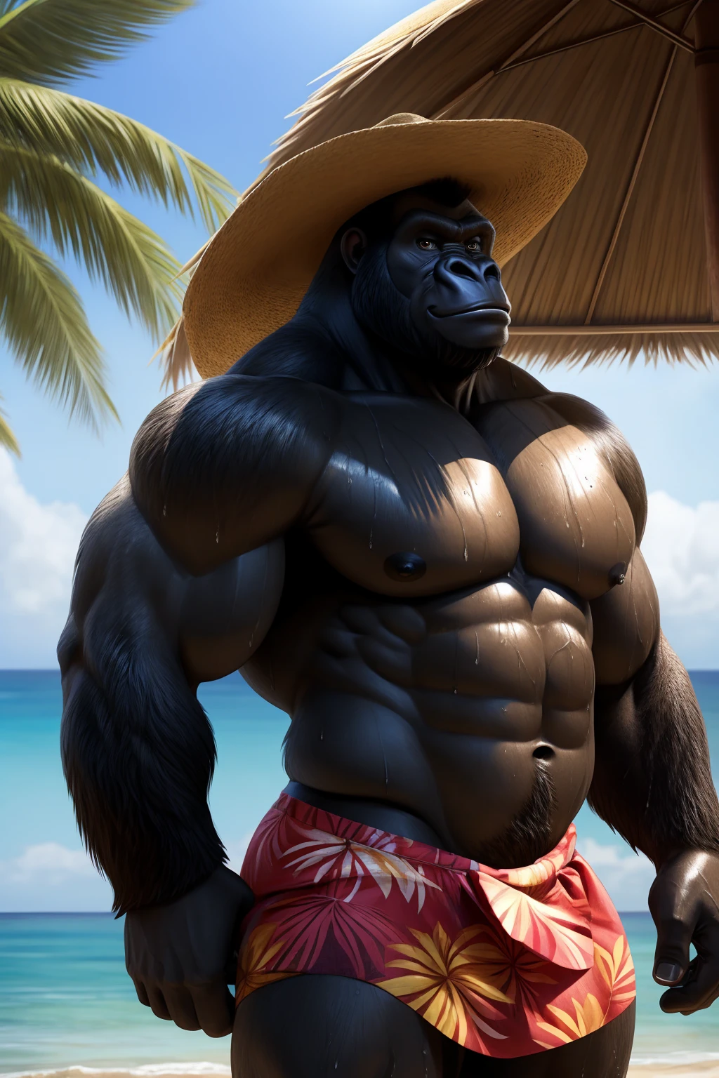 male gorilla, muscular athletic, posing in a sexy way, wearing hawaiian skirt, summer hat, naked torso, during the day, on the beach, NSFW, whole body, WET BODY, well detailed, Good quality, big body.