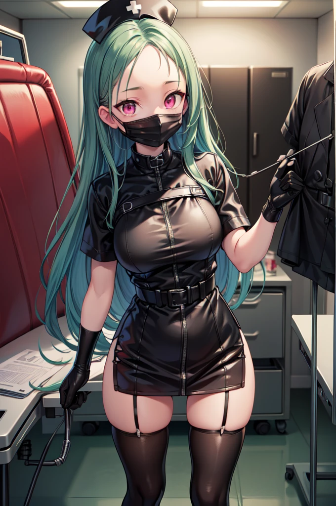 black nurse, 1woman, solo, black nurse cap, black nurse uniform, ((black legwear, zettai ryouiki)), black elbow gloves, forehead, long hair, green hair, pink eyes, ((black surgical mask, covered nose)), standing, ((surgery room)), sharp outline, short sleeves, mature female, 35 years old, best quality, masterpiece