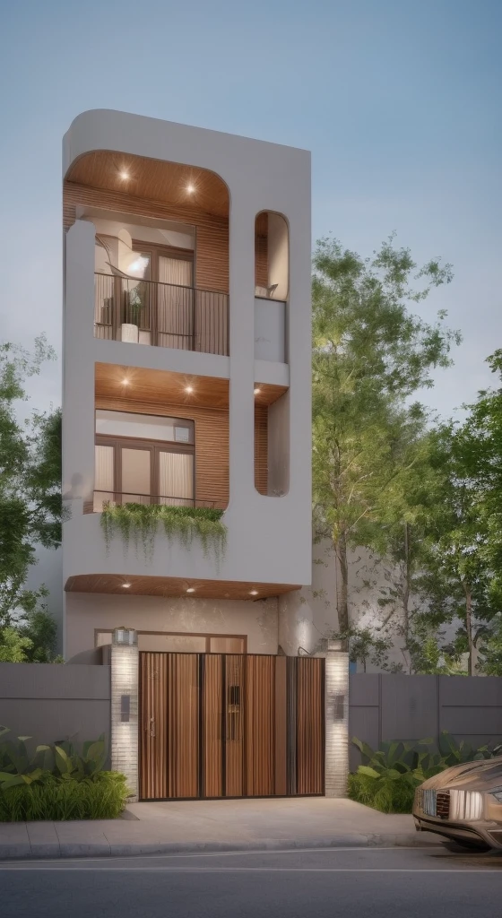 (Townhouse in city ,close houses and trees), daylight ( best quality) ((high solution)) ,(( photo realistic)) ,warm light, (sharp focont view of townhouse in style of modern,small house, Narrow area,VietNam,facade, curved arch,beautiful facade,curved windown,narrow and long ,two-storey,mutual colours, soft lighting, warm atmosphere,high Resolution, hyper detailed,4k ,vray render, octane render, hyper realistic, photography expert ,exterior design , professional photography, exterior photography,wide-angle shot , ultra detail , high Resolution , full frame, full body