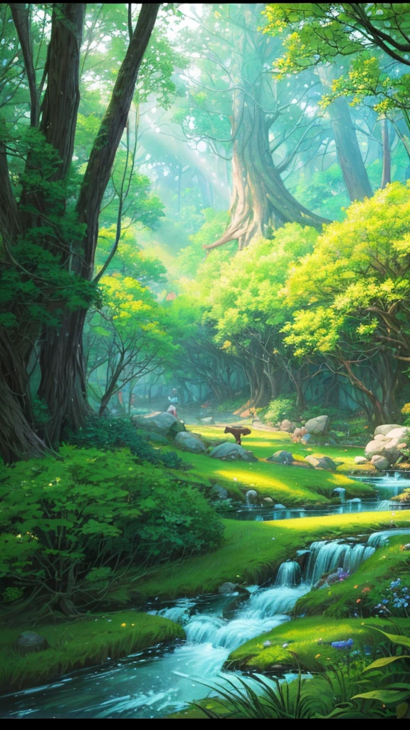 a serene landscape, a beautiful ghibli-style forest, a meandering stream, sunbeams filtering through the lush foliage, deer grazing peacefully, (best quality, 4k, 8k, highres, masterpiece:1.2), ultra-detailed, (realistic, photorealistic, photo-realistic:1.37), intricate details, vibrant colors, warm lighting, studio ghibli, enchanting atmosphere, (landscape, nature, forest, serene, idyllic:1.3), dreamy, whimsical