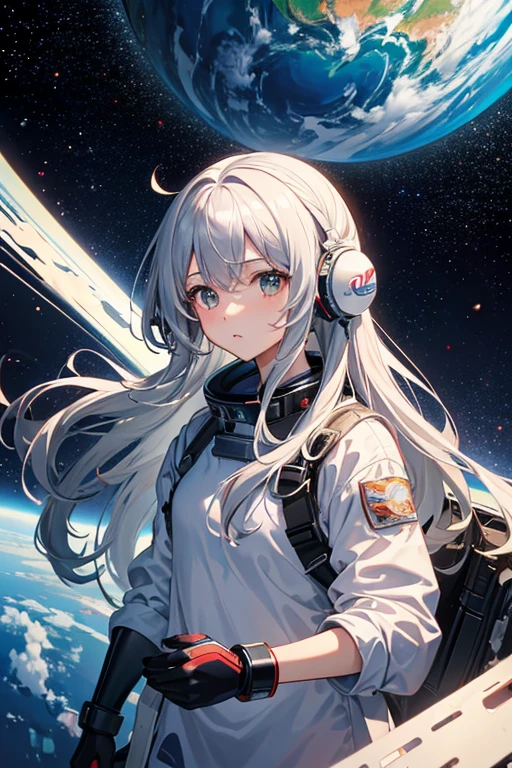 masterpiece, Highest quality, High resolution，Follow the on-screen instructions、Anime Style、Follow the prompts、One Girl、Long silver hair、、universe space、Confused、Spacewalk、Reaching out to the earth、Adrift in Space