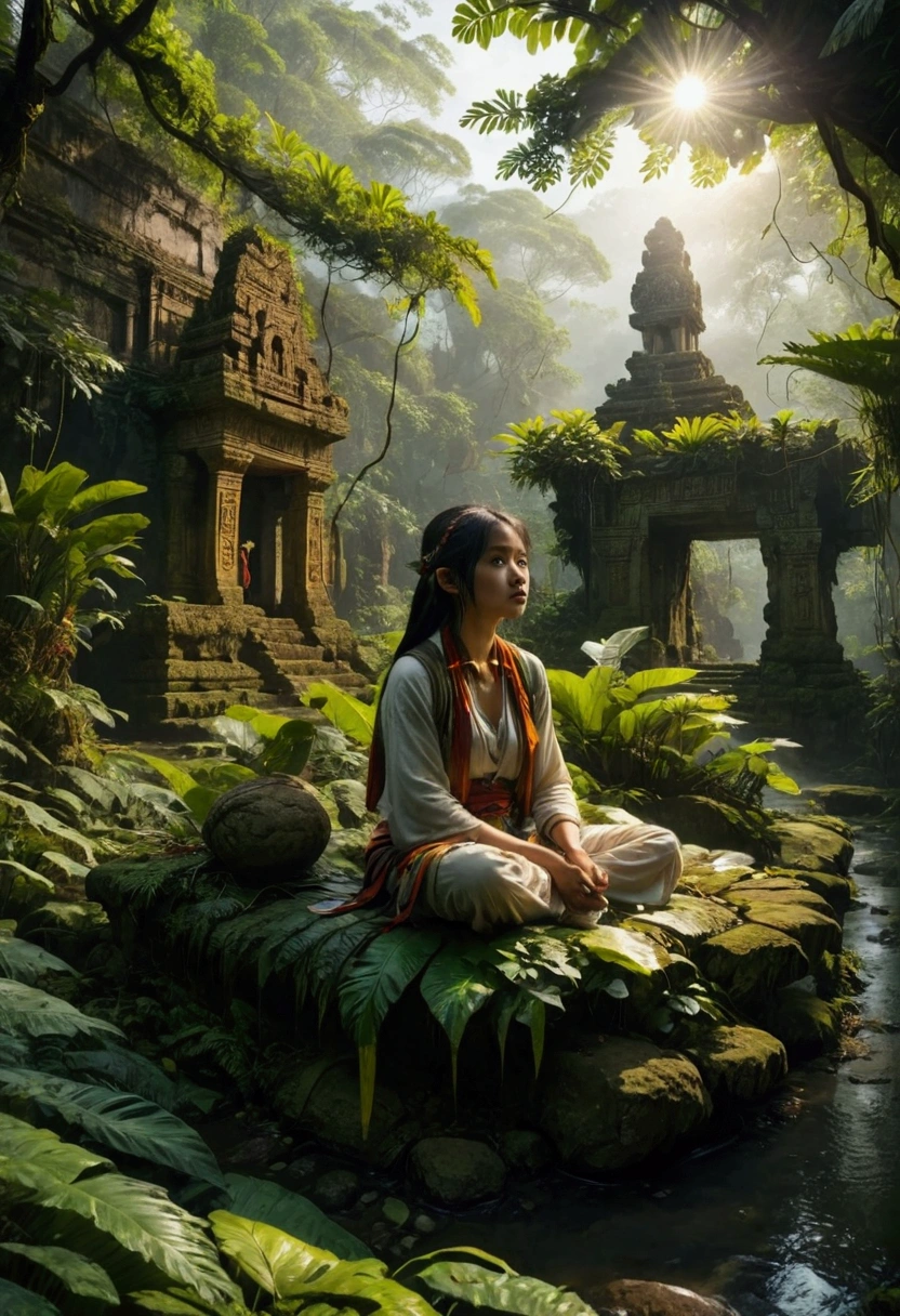 1girl, island, a mysterious island, lush tropical jungle, overgrown vegetation, winding rivers and waterfalls, ancient ruins and crumbling stone temples, sunlight filtering through the canopy, mist and fog obscuring the horizon, mysterious creatures lurking in the shadows, intricate carvings and hieroglyphics, weathered and mossy stone, golden sun rays, dramatic lighting, cinematic composition, vibrant colors, 8k, ultra-detailed, masterpiece, best quality, very aesthetic, absurdres