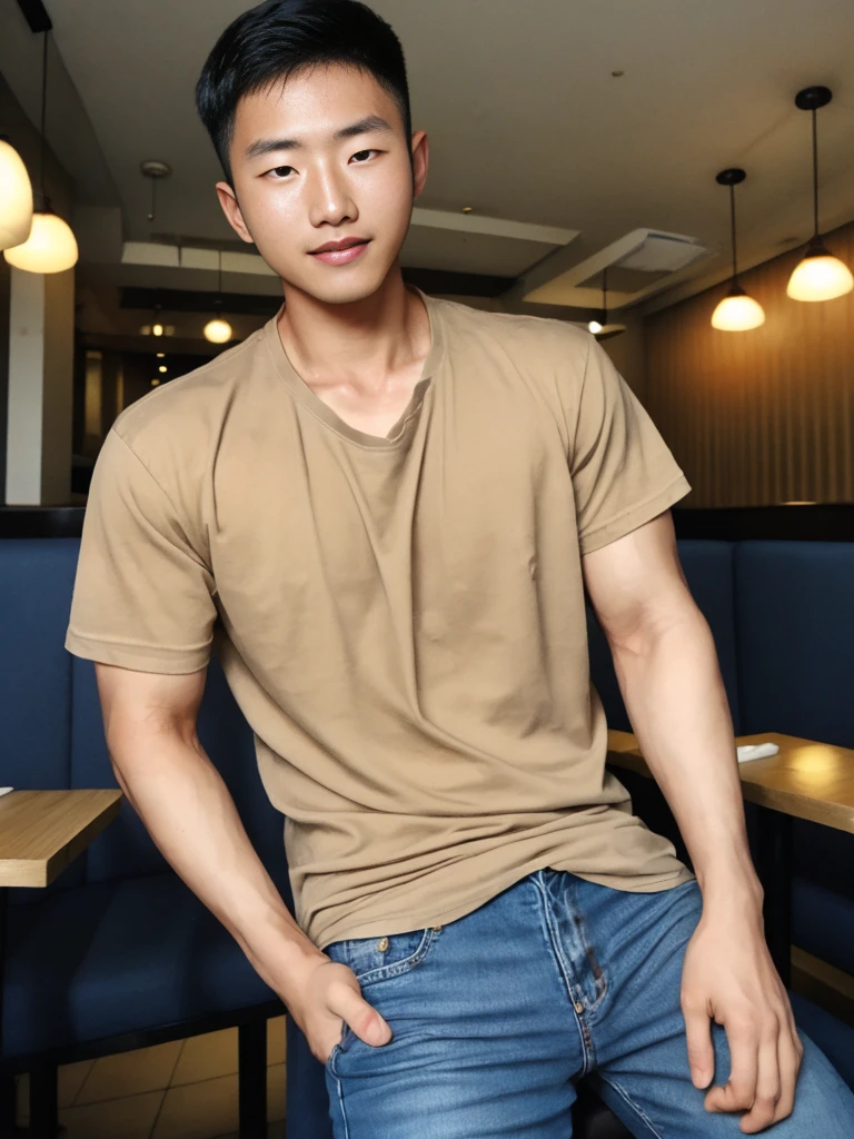 ((realistic daylight)) , Young Korean man in a simple brown t-shirt only, no pattern, denim shirt, and jeans., A handsome, muscular young Asian man looks at the camera.  , in the restaurant ,turn sideways