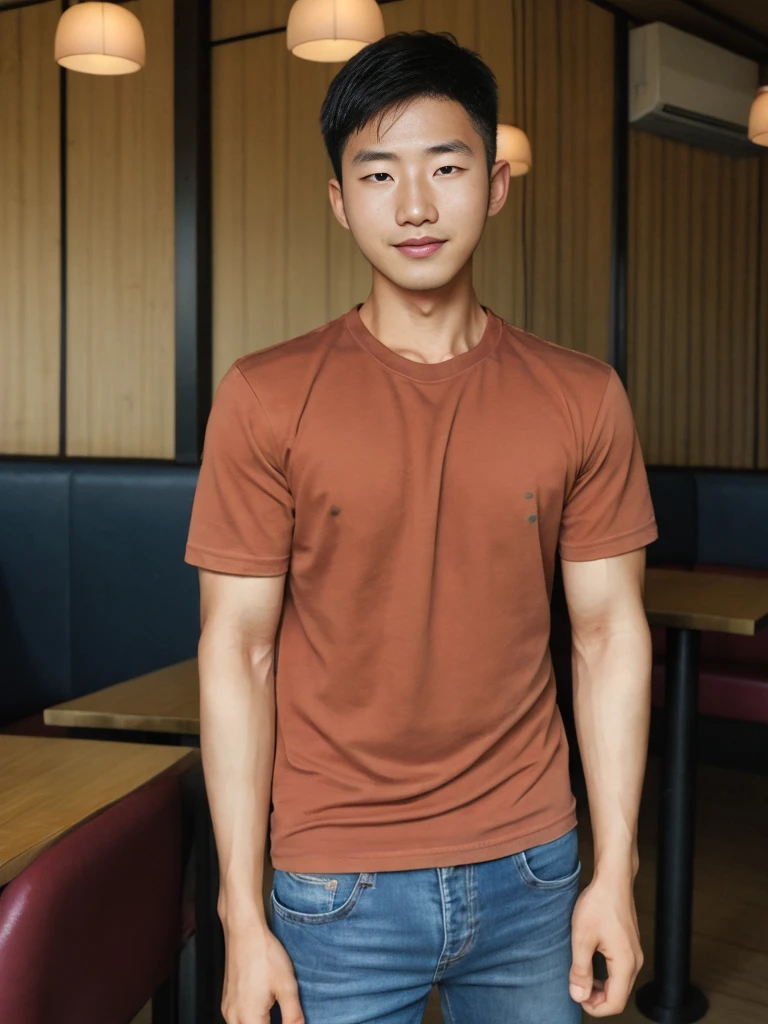((realistic daylight)) , Young Korean man in a simple brown t-shirt only, no pattern, denim shirt, and jeans., A handsome, muscular young Asian man looks at the camera. , in the restaurant ,turn sideways