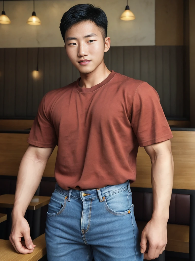 ((realistic daylight)) , Young Korean man in a simple brown t-shirt only, no pattern, denim shirt, and jeans., A handsome, muscular young Asian man looks at the camera. , in the restaurant ,turn sideways