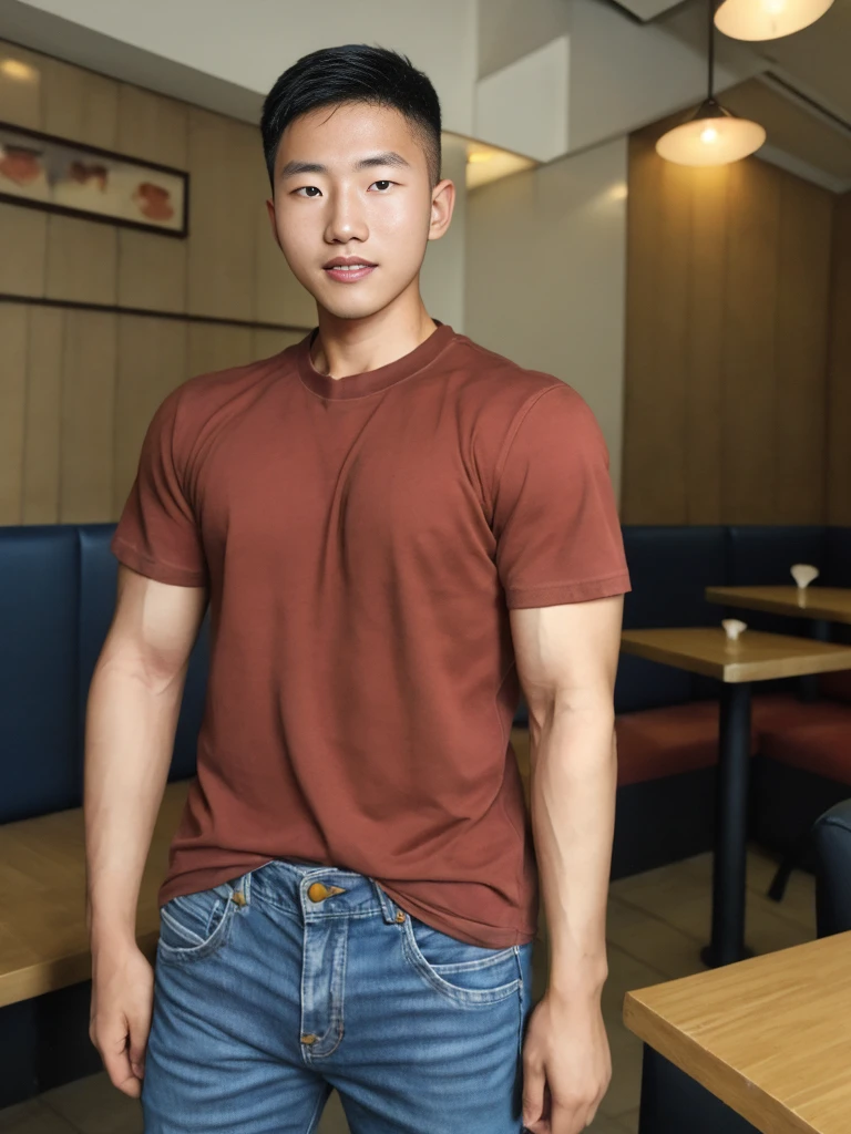 ((realistic daylight)) , Young Korean man in only a black sports shirt, no stripes, and jeans., A handsome, muscular young Asian man looks at the camera.  , In a computer shop ,turn sideways, smile