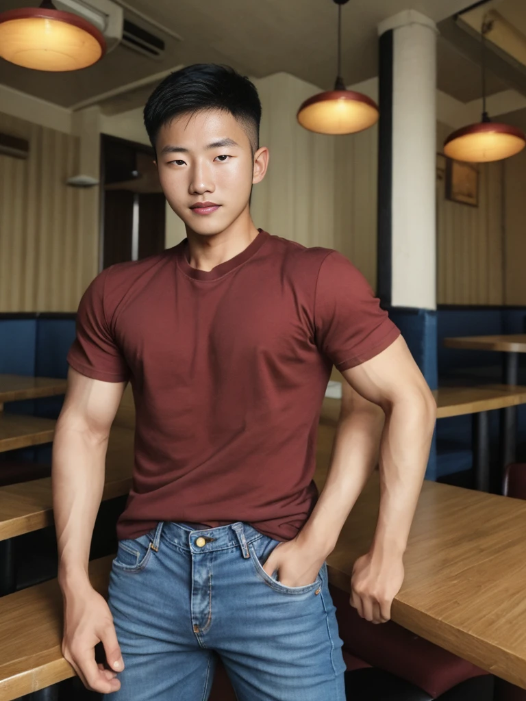 ((realistic daylight)) , Young Korean man in a simple brown t-shirt only, no pattern, denim shirt, and jeans., A handsome, muscular young Asian man looks at the camera. , in the restaurant ,turn sideways