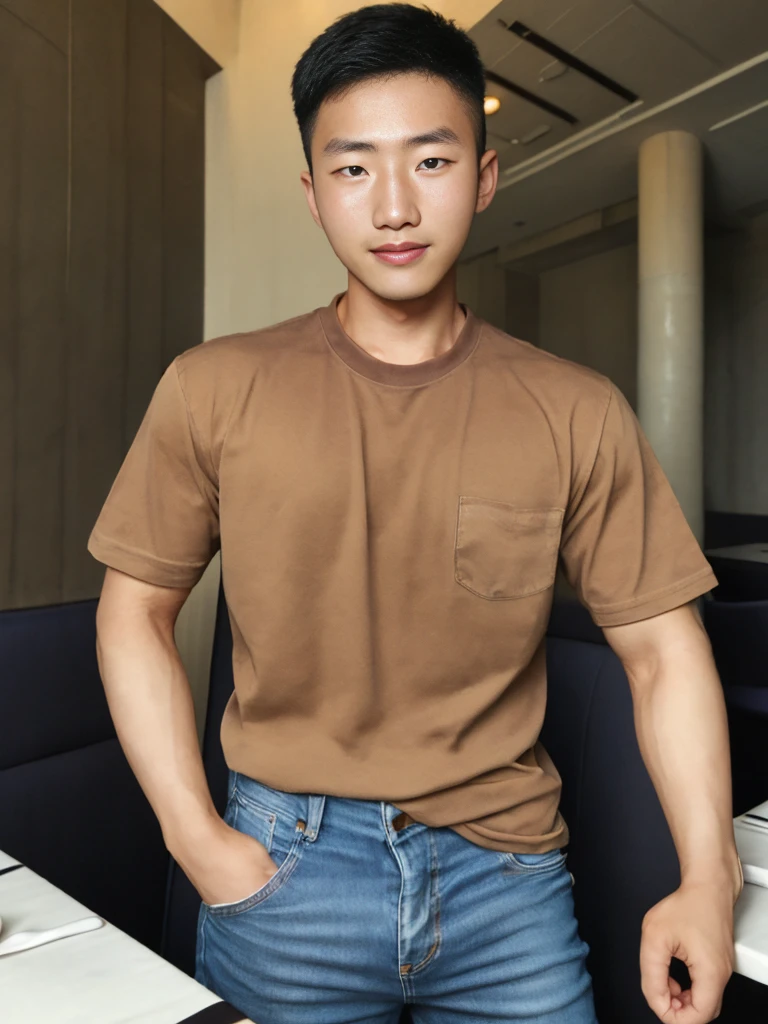 ((realistic daylight)) , Young Korean man in a simple brown t-shirt only, no pattern, denim shirt, and jeans., A handsome, muscular young Asian man looks at the camera.  , in the restaurant ,turn sideways