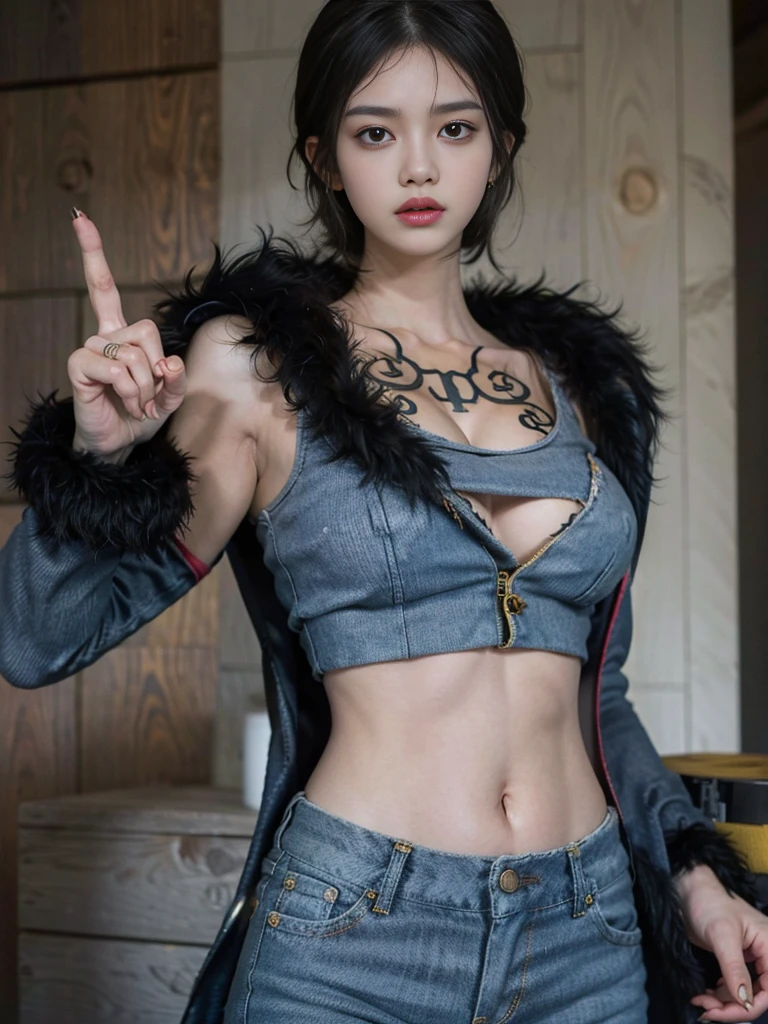 masterpiece, Highest quality, 8k,Highest Resolution, Absurd, Very detailed, Female Trafalgar Law, One girl, 1 Sword, alone, View your viewers, short hair, Medium chest, Have, belly button, Cleavage, clavicle, Earrings, abdomen, pants, coat, Fur trim, denim, jeans, Shoulder Tattoo, Hand tattoos, Finger Tattoos, black fur-trimmed coat, coat on shoulders, Yellow Tank Top,///,