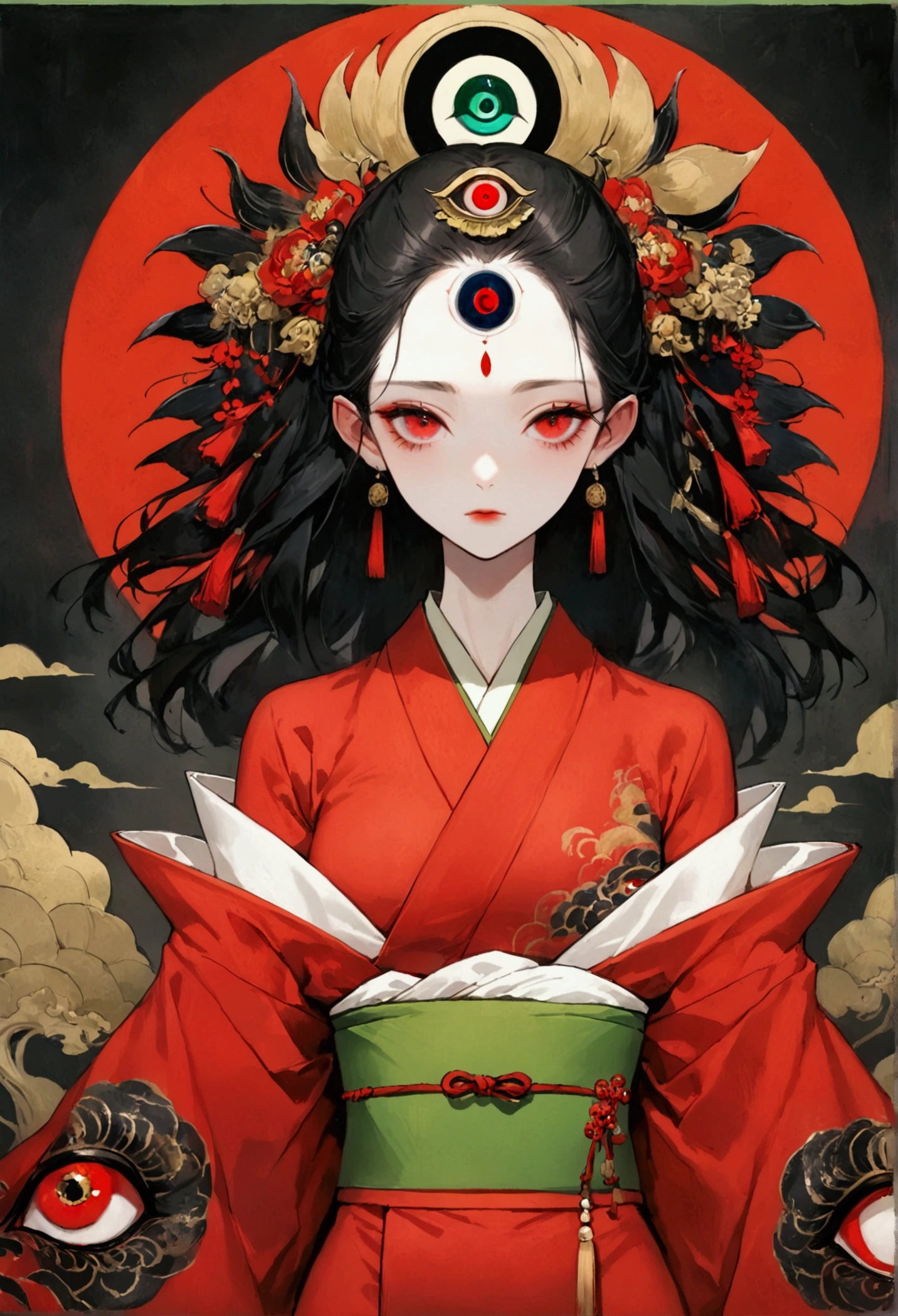Art Illustration,Dark Style,(((1 Girl,独奏,third eye on the forehead,))),(((Gorgeous Japanese red kimono:1.6,Eye Diagram,Dark Pattern))).(((Thin waist,Greenbelt:1.37)))whole body