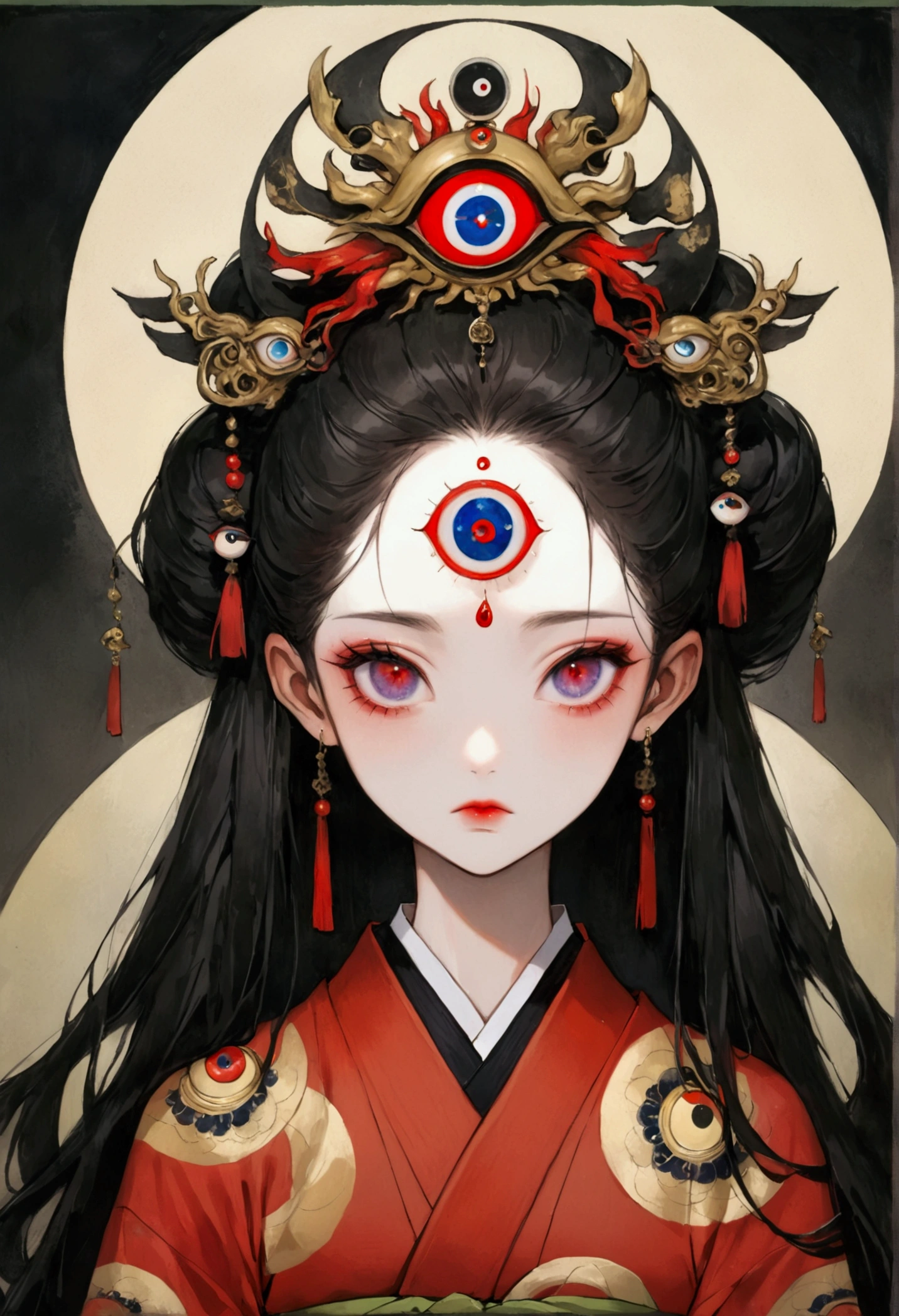 Art Illustration，Dark Style，(((1 Girl，独奏，third eye on the forehead，))),(((Gorgeous Japanese red kimono：1.6，Eye Diagram，Dark Pattern))).(((Thin waist，Greenbelt：1.37)))whole body