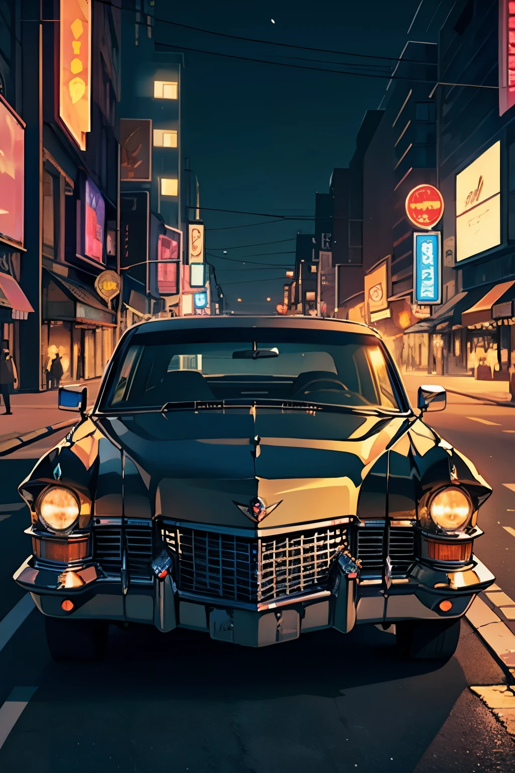 A cadillac fleetwood from the front in a night city lit by LEDs at night