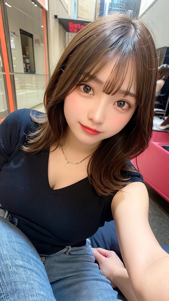 highest quality, shape, Very detailed, finely, High resolution, 8k wallpaper, Perfect dynamic shape, Beautiful and detailed, Summer clothes,Medium Hair,Natural color lip,smile,20-year-old girl、Midnight、Beautiful and elaborate face、Perfect and beautiful face、Slim face and figure,spread your arms wide,Big eyes,Take a photo with your face raised from below your knees、Small face、Beautifully detailed face、Perfect and beautiful double eyelids、Big 、Long, Slender legs、One Woman、gravure、Skinny jeans、Watching the audience、runVery long hair, Blushing,