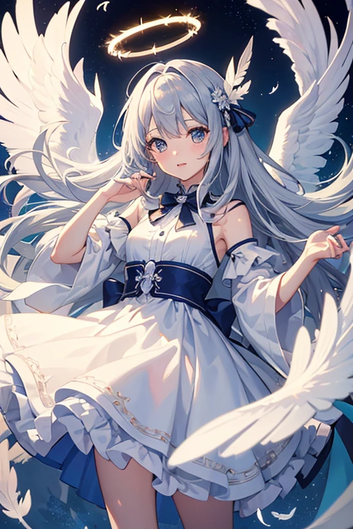 masterpiece, Highest quality, High resolution，Follow the on-screen instructions、Anime Style、Follow the prompts、One Girl、Long silver hair、Halo、Floating in the air、Use magic、A big ribbon hides her nipples、Angle is behind、Town、