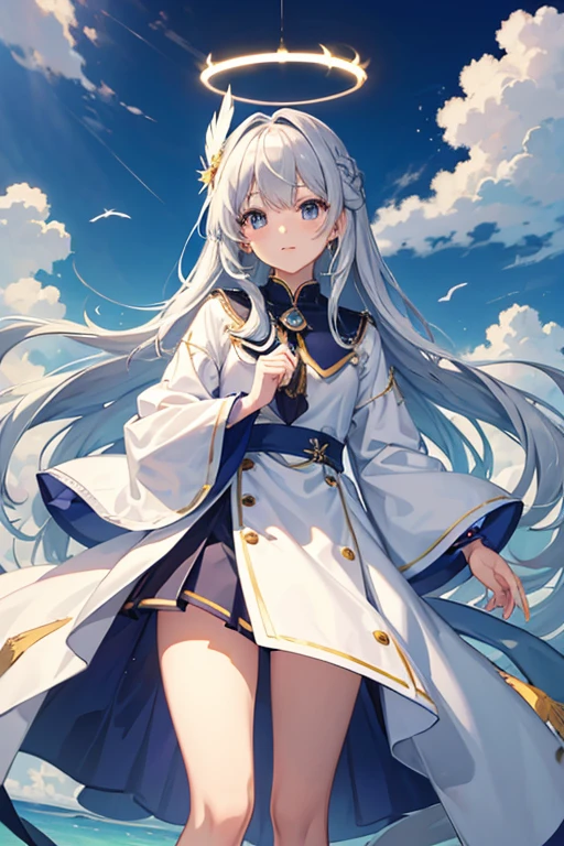masterpiece, Highest quality, High resolution，Follow the on-screen instructions、Anime Style、Follow the prompts、One Girl、Long silver hair、Halo、Floating in the air、Use magic、A big ribbon hides her nipples、Angle is behind、Town、