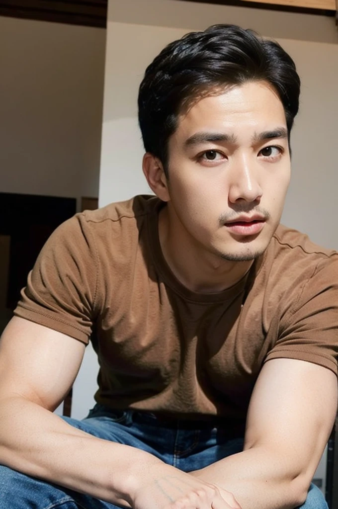 (((realistic daylight)) , Young Korean man in a simple brown t-shirt only, no pattern, and jeans., A handsome, muscular young Asian man looks at the camera.  , in the restaurant ,turn sideways