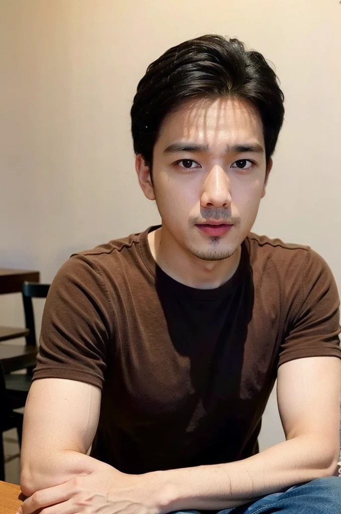 (((realistic daylight)) , Young Korean man in a simple brown t-shirt only, no pattern, and jeans., A handsome, muscular young Asian man looks at the camera.  , in the restaurant ,turn sideways