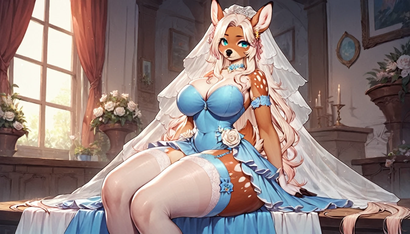 score_9, score_8_up, score_7_up, score_6_up, score_5_up, score_4_up, (solo), female anthro deer, bride dress, lusty, fluffy body, long blond hair, turquoise eyes, sitting, (thick thighs:1.5) (she is sitting) garter belt tights, big breasts, from the back, backsite, from back (blue dress)