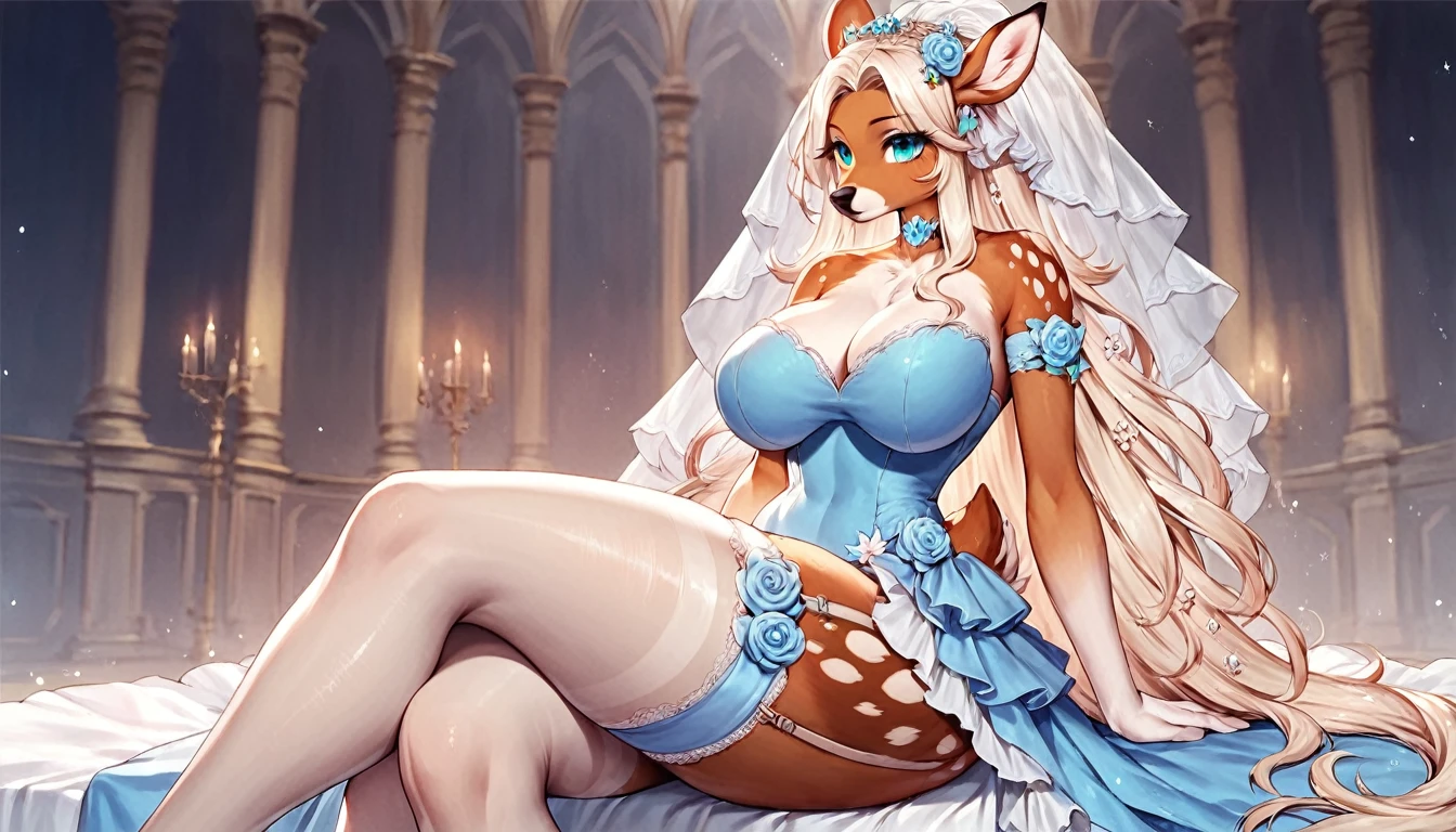 score_9, score_8_up, score_7_up, score_6_up, score_5_up, score_4_up, (solo), female anthro deer, bride dress, lusty, fluffy body, long blond hair, turquoise eyes, sitting, (thick thighs:1.5) (she is sitting) garter belt tights, big breasts, from the back, backsite, from back (blue dress)