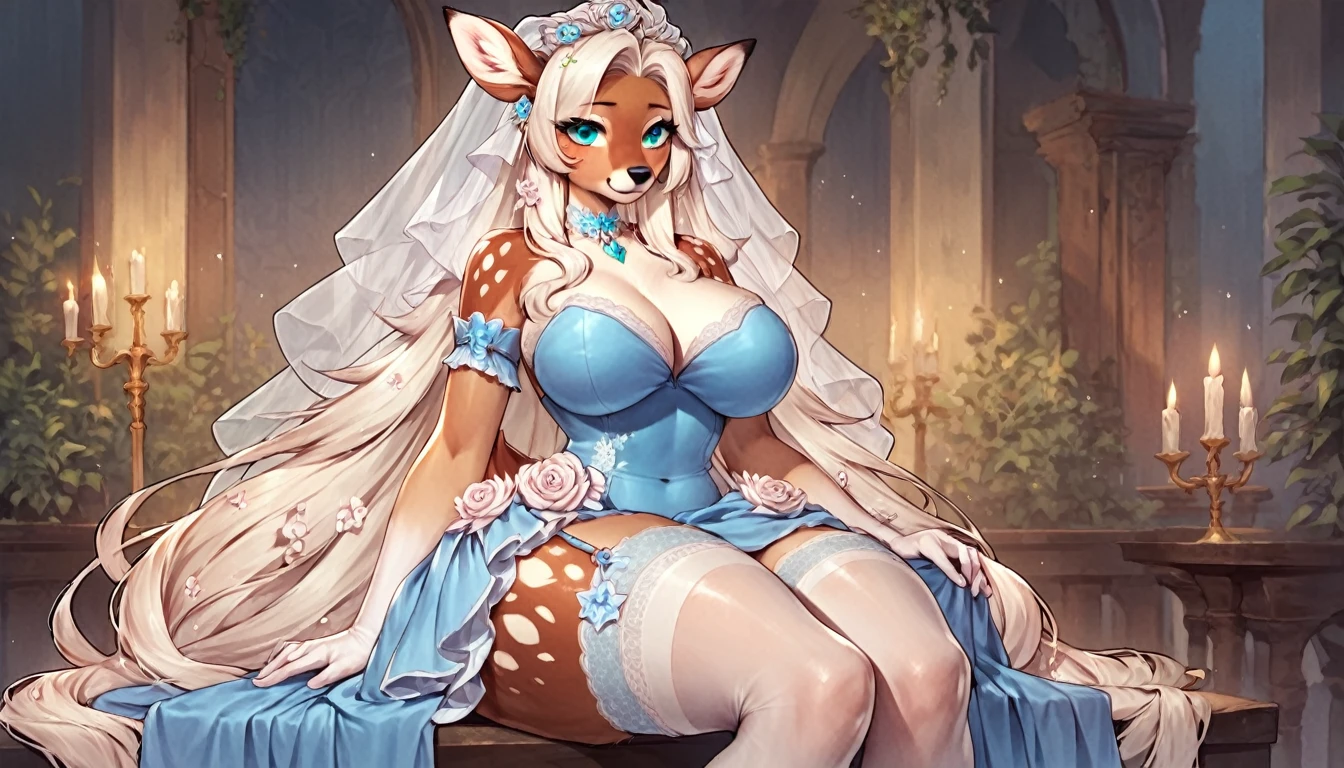 score_9, score_8_up, score_7_up, score_6_up, score_5_up, score_4_up, (solo), female anthro deer, bride dress, y, fluffy body, long blond hair, turquoise eyes, sitting, (thick thighs:1.5) (she is sitting) garter belt tights, big om the back, backsite, from back (blue dress)