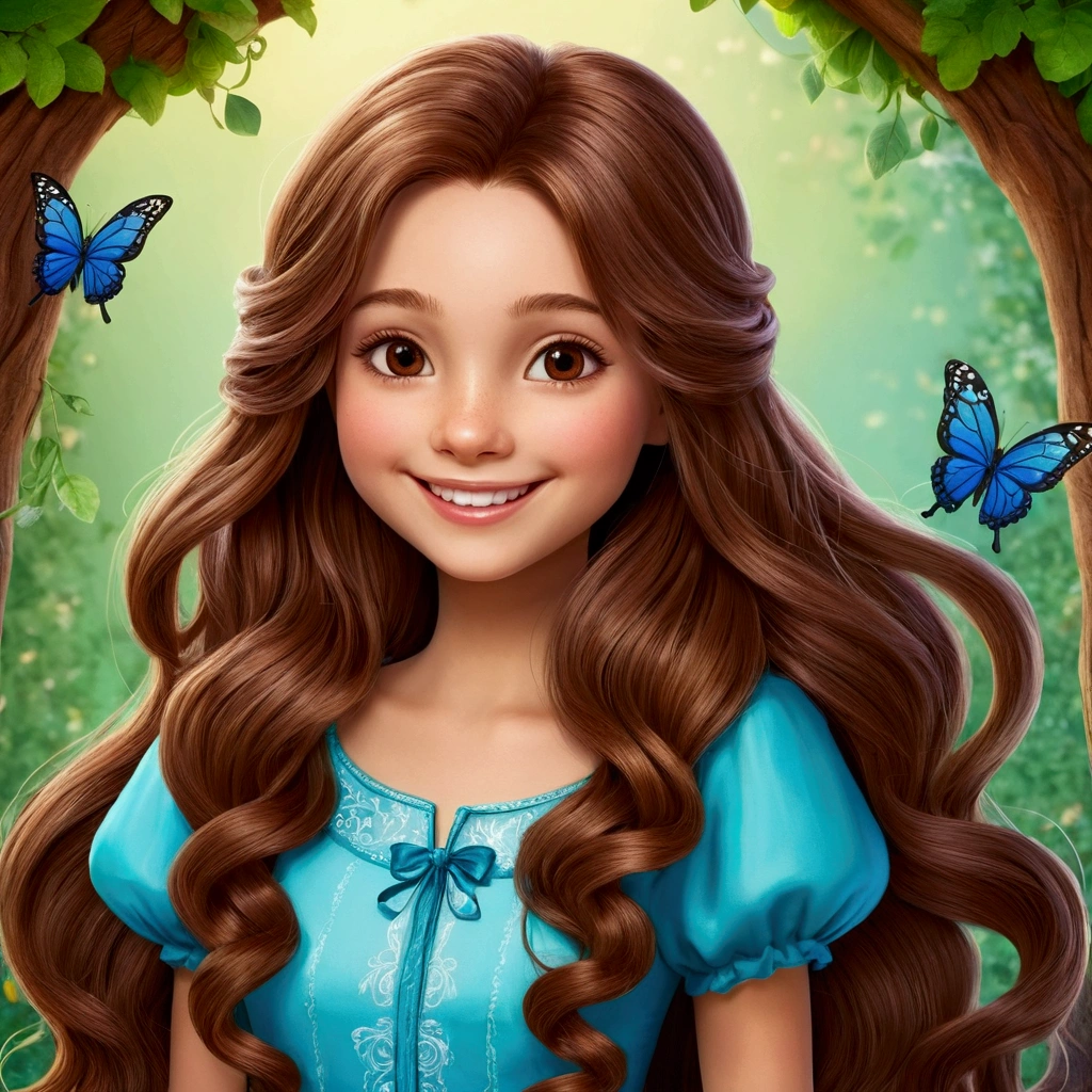 long hair, smile, Brown hair, create a cartoon character for a children's fairy tale Art Deco, backlight, movement lines, Wolf ears, Bottom view, blue hair, Double tails, anime, 3D rendering,