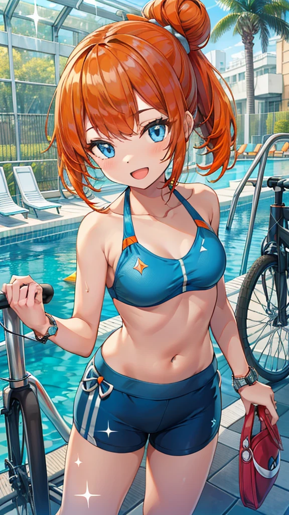 1 girl, masterpiece, best quality, highres, ro1, Misty from pokemon, hair bun, blue eyes, bikini top, blue bicycle shorts, small ponytail on the side, wristwatch, standing, hand on hip, smile, open mouth, (sparkle:1.1), orange hair, medium breasts, 3/4 body view, outdoors, swimming pool