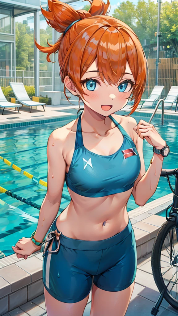 1 girl, masterpiece, best quality, highres, ro1, Misty from pokemon, hair bun, blue eyes, bikini top, blue bicycle shorts, small ponytail on the side, wristwatch, standing, hand on hip, smile, open mouth, (sparkle:1.1), orange hair, medium breasts, 3/4 body view, outdoors, swimming pool