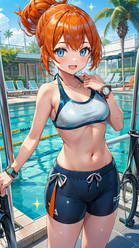 1 girl, masterpiece, best quality, highres, ro1, Misty from pokemon, hair bun, blue eyes, bikini top, blue bicycle shorts, small ponytail on the side, wristwatch, standing, hand on hip, smile, open mouth, (sparkle:1.1), orange hair, medium breasts, 3/4 body view, outdoors, swimming pool