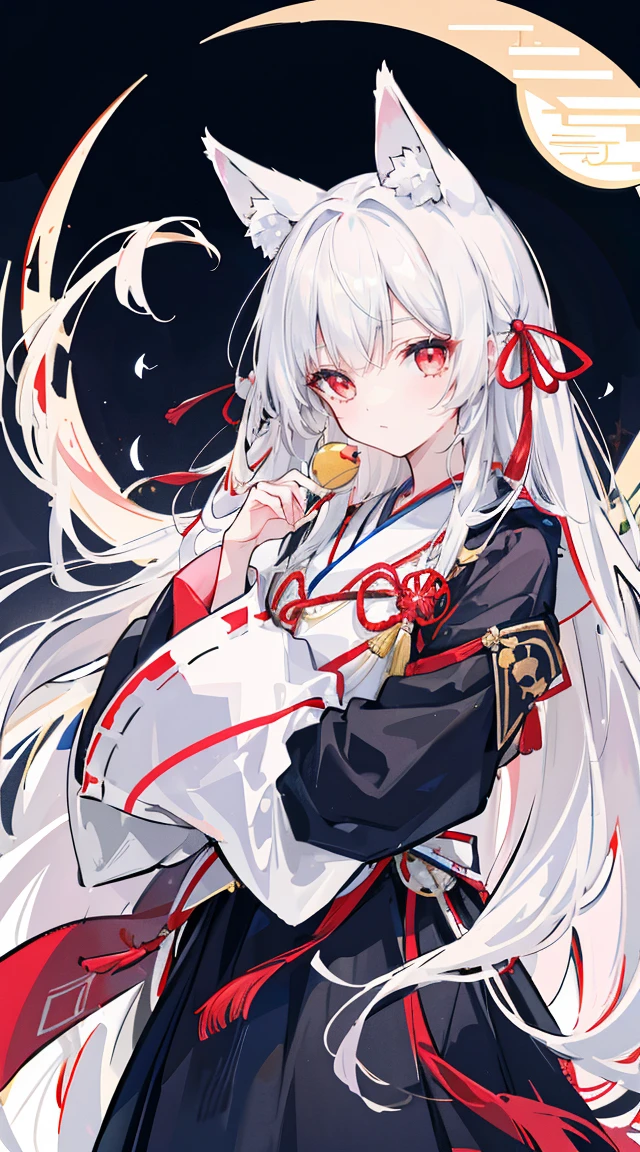 1 girl, themoon, bird, star_\(Skysky\), long_hair, starry_sky, ((White_hair))), animal, large_Sleeve, n~tota, floral pattern, night_sky, hug, very_long_hair, saturated_moon, looking for_~to_viewer, ribbon_trim, Ribbon trimmed_Sleeve, long_Sleeve, skirt, Red_eye, solo, Japanese_clothes, Skysky,((middle)), ((T~totooed with))), fox ears, fox tail, Girl Fox,