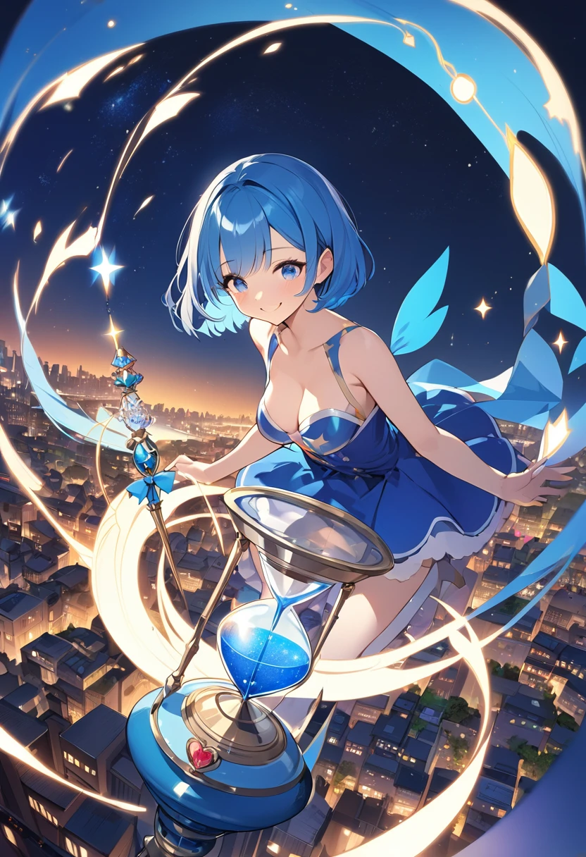 (Top quality illustrations:1.2), (pretty girl:1.1), (1 girl、17 years old), (1 girl、smile)、Bright blue hair、Short Bob Hair、Beautiful breasts、A blue-haired magical girl with a wand that ends in a blue hourglass、Flying through the night sky with magic, Looking down on the city from the sky