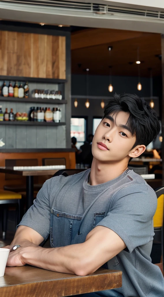 ((realistic daylight)) , Young Korean man in a gray t-shirt Denim shirt, jeans, A handsome, muscular young Asian man looks at the camera. , in the restaurant ,turn sideways