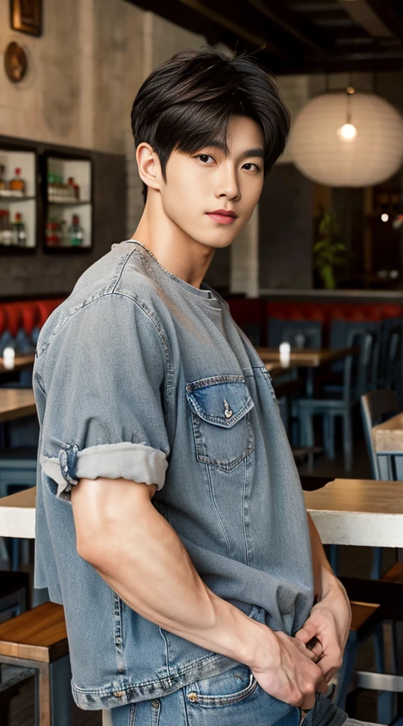 ((realistic daylight)) , Young Korean man in a gray t-shirt Denim shirt, jeans, A handsome, muscular young Asian man looks at the camera. , in the restaurant ,turn sideways