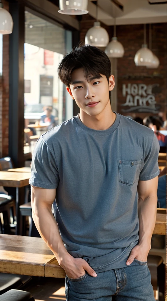 ((realistic daylight)) , Young Korean man in a gray t-shirt Denim shirt, jeans, A handsome, muscular young Asian man looks at the camera. , in the restaurant ,turn sideways