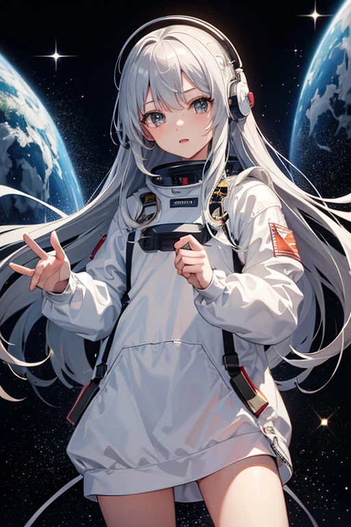 masterpiece, Highest quality, High resolution,Follow the on-screen instructions、Anime Style、Follow the prompts、One Girl、Long silver hair、Spacesuit、universe space、Confused、Spacewalk、Reaching out to the earth、Adrift in Space