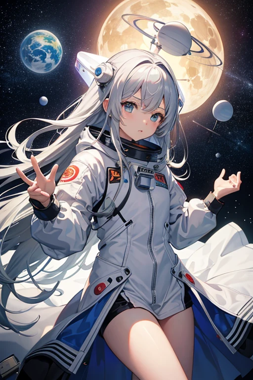 masterpiece, Highest quality, High resolution，Follow the on-screen instructions、Anime Style、Follow the prompts、One Girl、Long silver hair、Spacesuit、universe space、Confused、Spacewalk、Reaching out to the earth、Adrift in Space