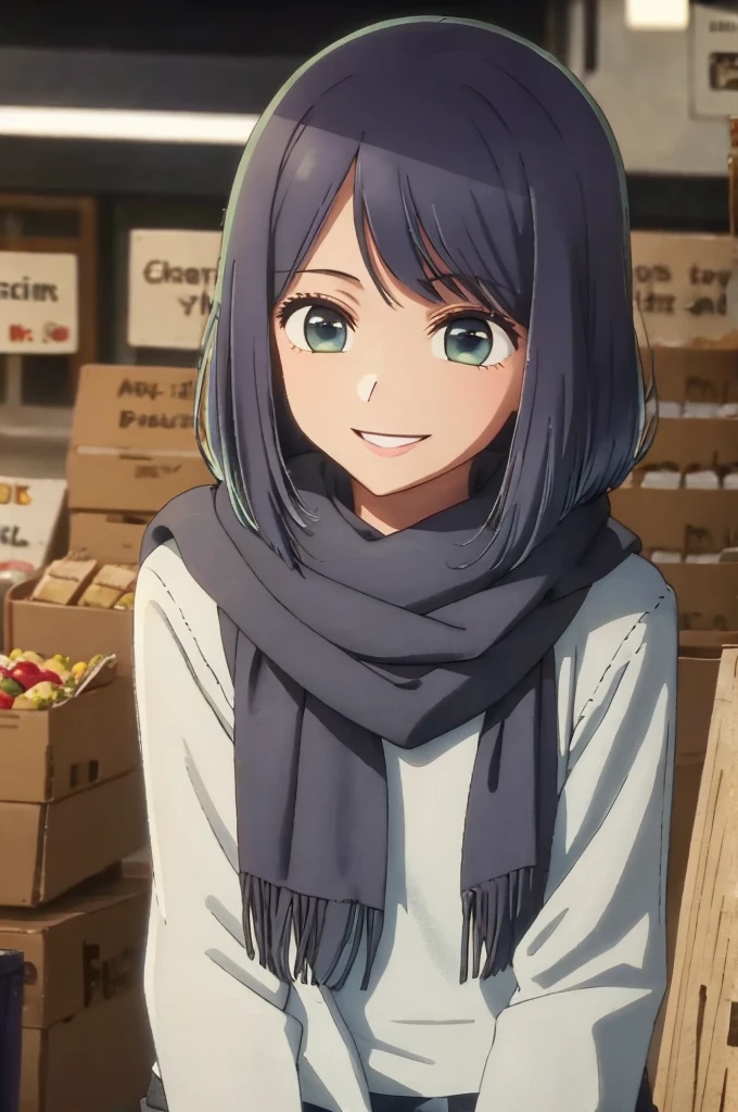 girl, jeans, black puffer jacket, scarf, market, smile