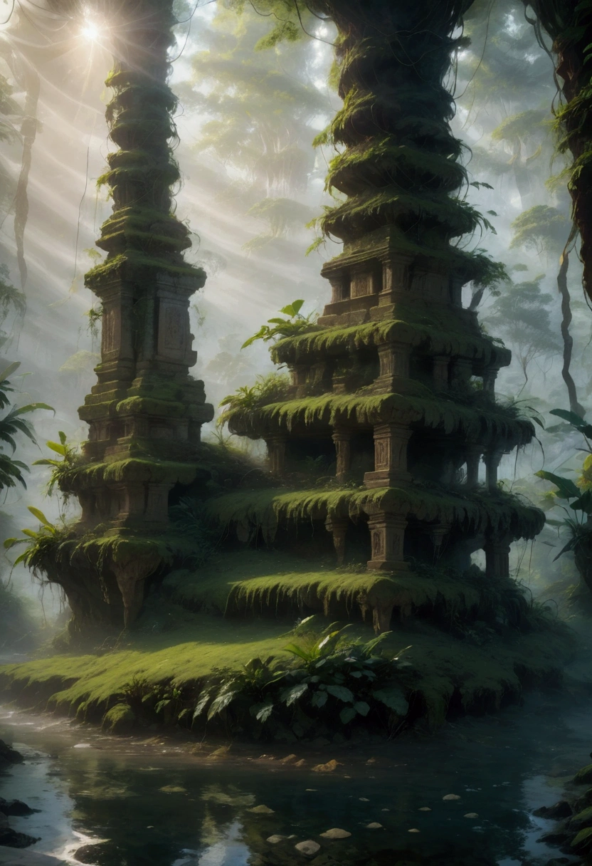 1girl, island, a mysterious island, lush tropical jungle, overgrown vegetation, winding rivers and waterfalls, ancient ruins and crumbling stone temples, sunlight filtering through the canopy, mist and fog obscuring the horizon, mysterious creatures lurking in the shadows, intricate carvings and hieroglyphics, weathered and mossy stone, golden sun rays, dramatic lighting, cinematic composition, vibrant colors, 8k, ultra-detailed, masterpiece, best quality, very aesthetic, absurdres
